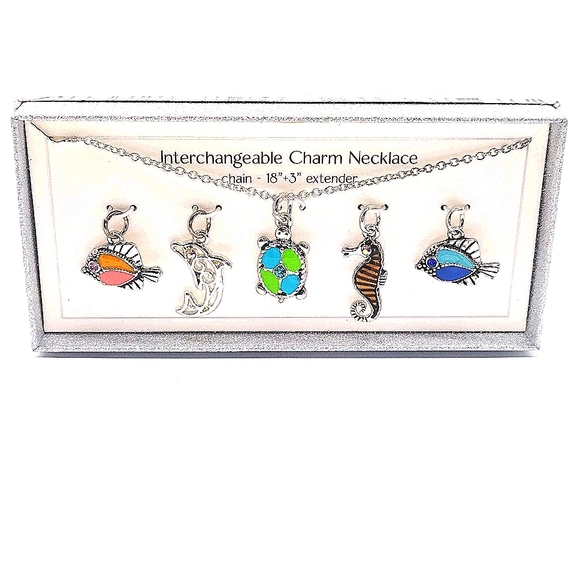 Bay Studio Silver 5 Interchangeable Pendant Necklace Fish Dolphin Turtle CZ - Picture 2 of 3